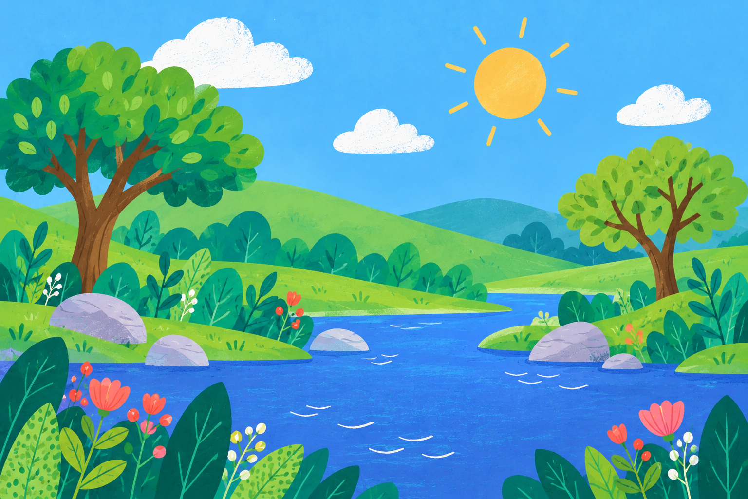 Sun and clouds above green hills, trees, flowers and a blue river.