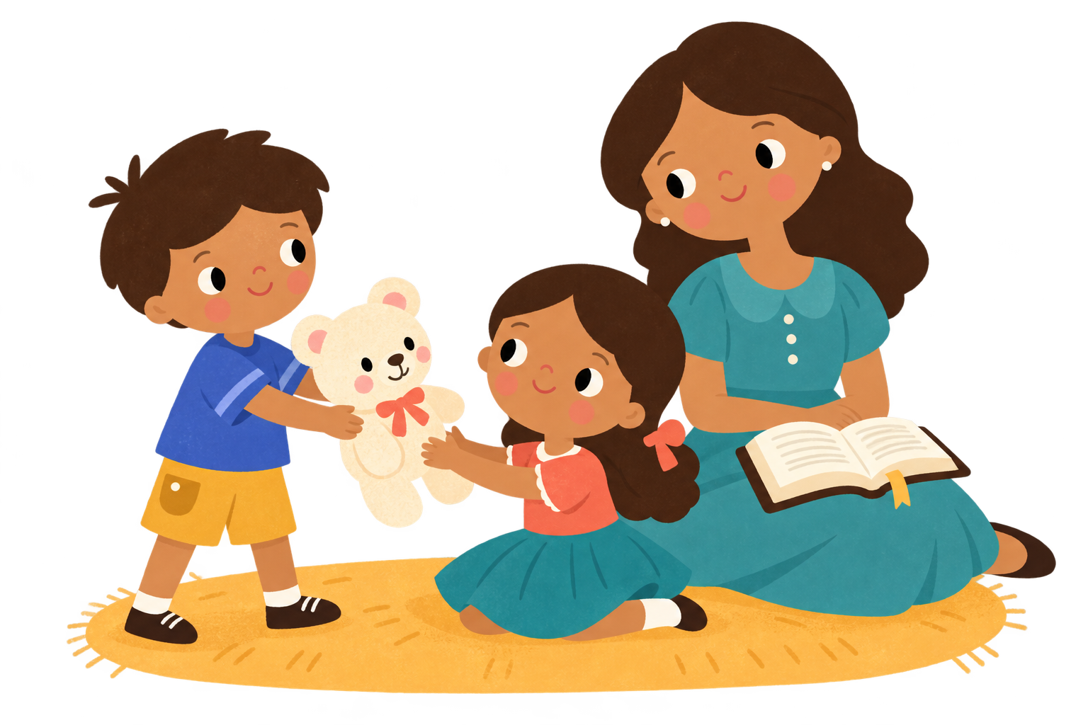 A boy sharing his teddy bear with a little girl as their mother sits beside them with an open Bible.