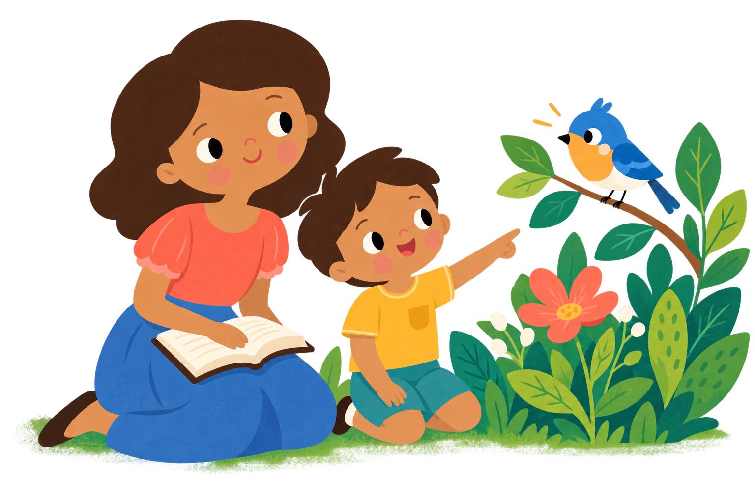 A mother and little boy watching a bird among flowers, with an open Bible nearby.