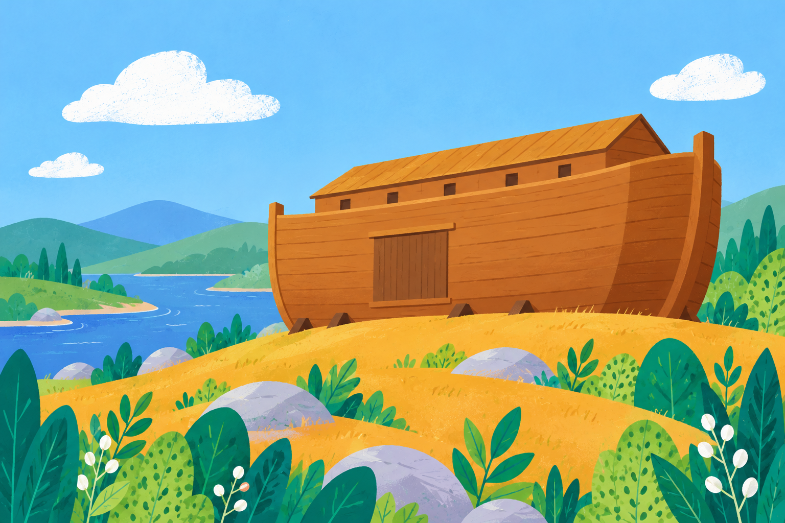 A large wooden ark resting on dry high ground, with hills and remaining water in the distance.