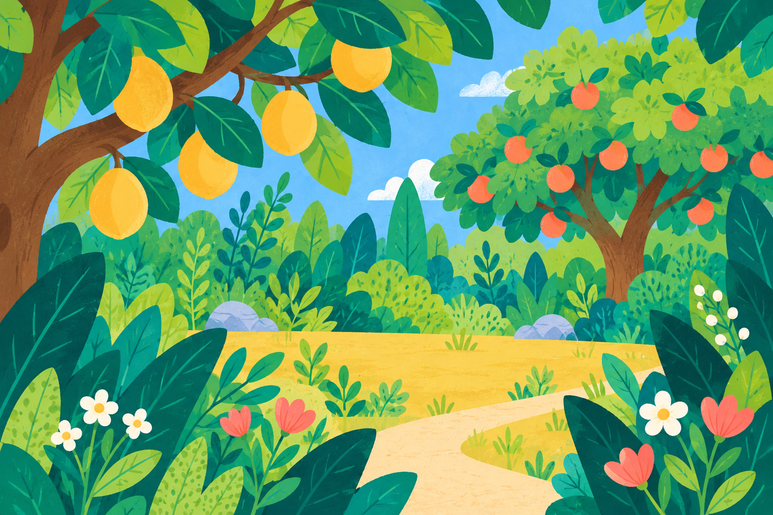 A view into a leafy garden, with golden fruit overhead, another fruit tree and an open path between the plants.