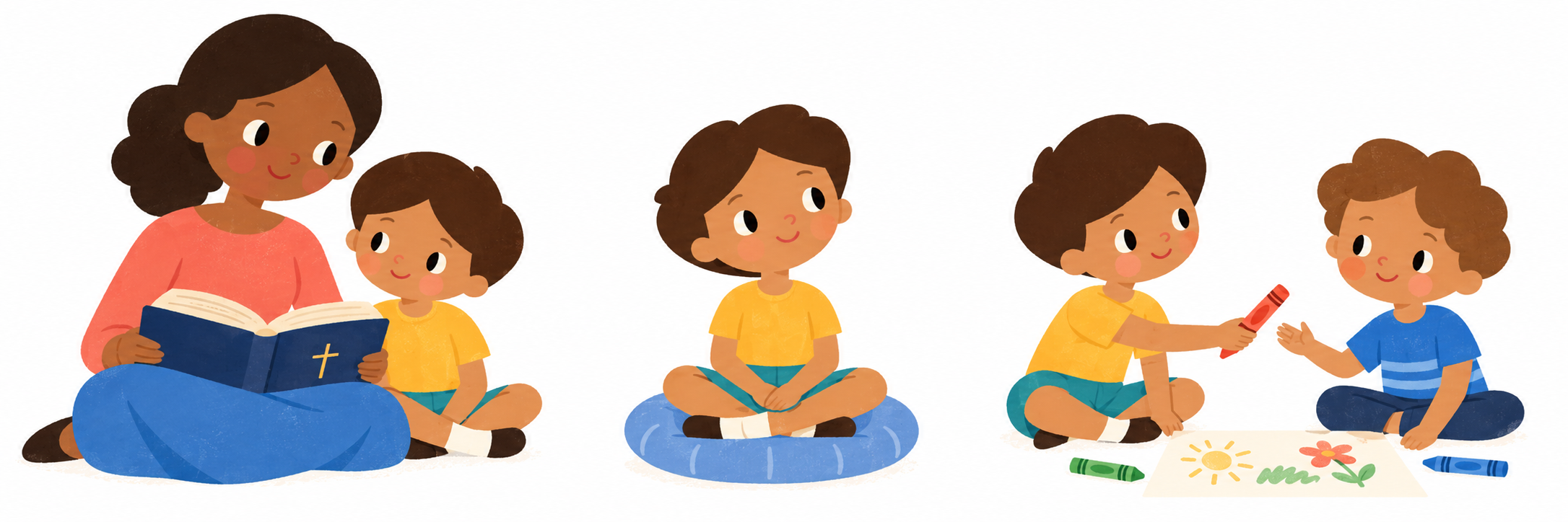 Three scenes with the same child today: listening to the Bible with an adult, sitting quietly in prayer, and offering a crayon to another child.