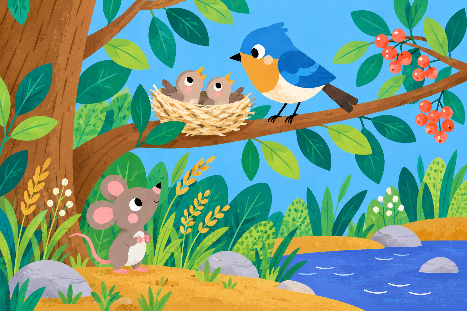 A blue bird beside two chicks in a nest, a mouse among seed grasses, berries on a branch and water nearby.