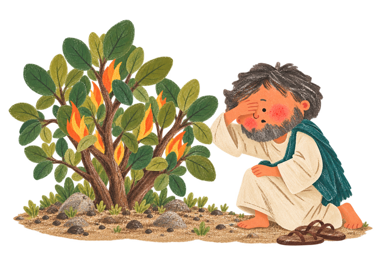 Moses kneeling beside the burning bush.