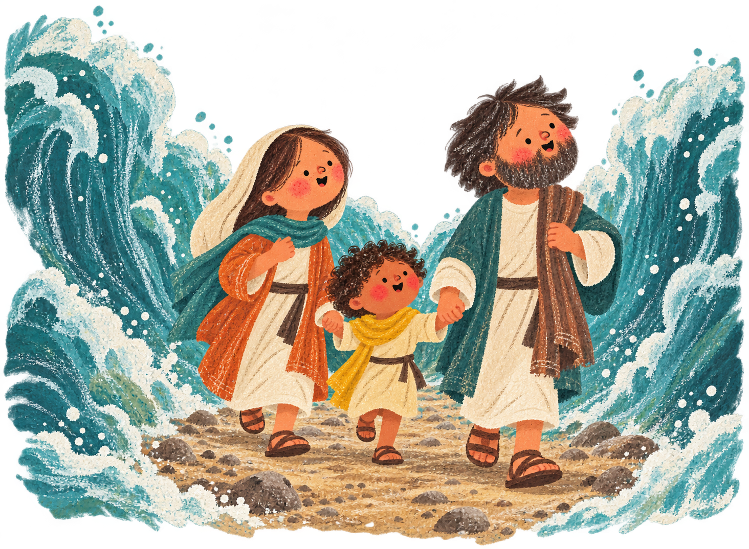 Israelites crossing the Red Sea on dry ground.