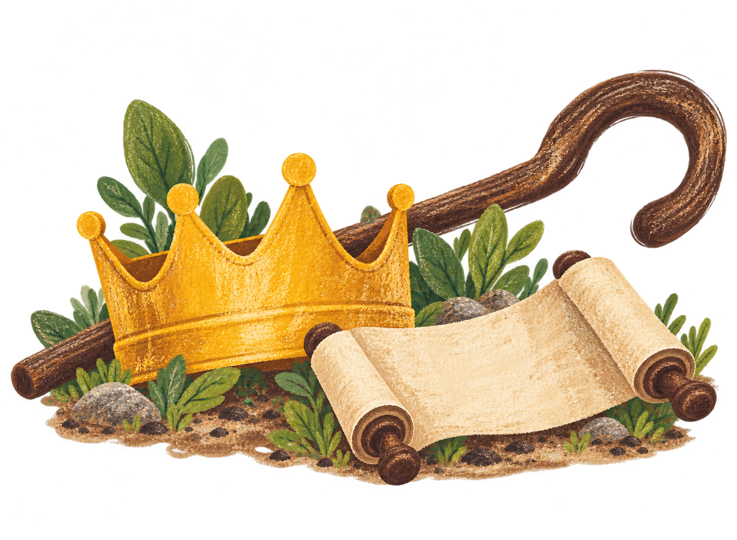 A crown, shepherd’s staff and promise scroll.