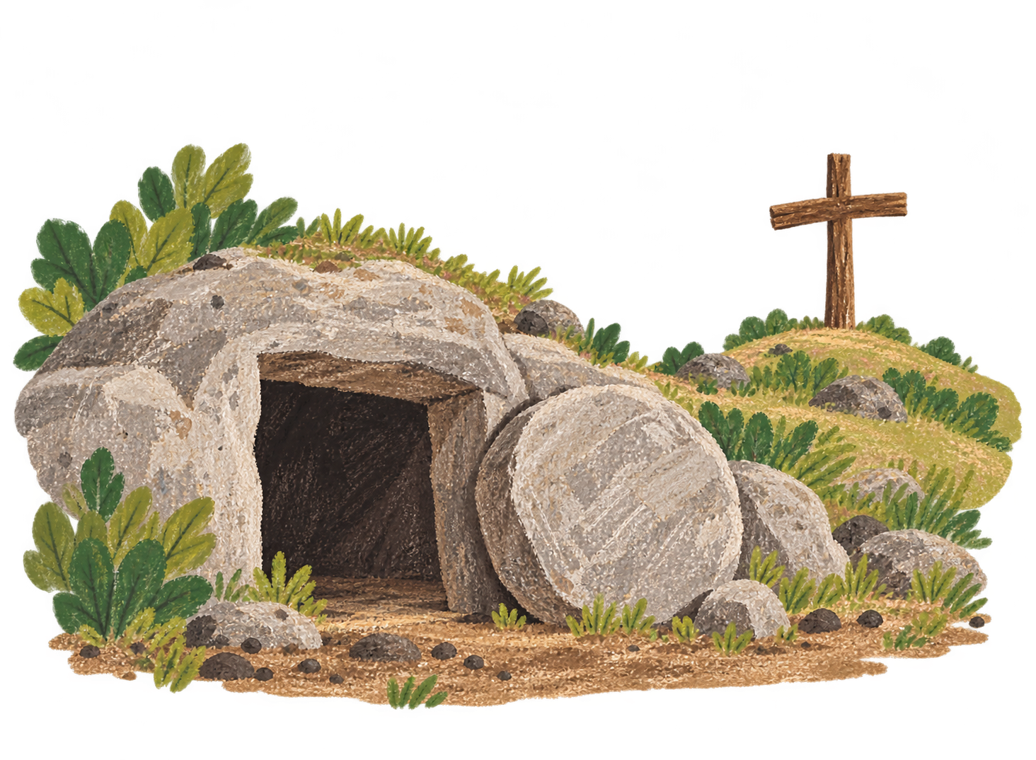 An empty rock-cut tomb with its stone rolled aside and a plain cross beyond.