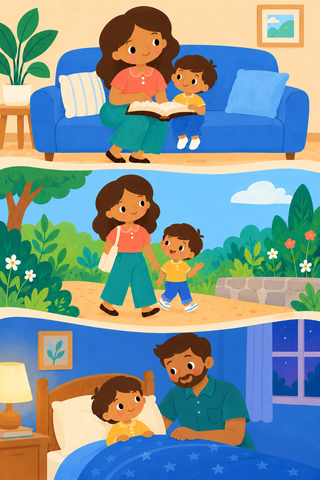 Three scenes show the same young child: reading an open Bible with his mother on a blue sofa, walking and talking with her outdoors, and talking with his father beside his bed at night.