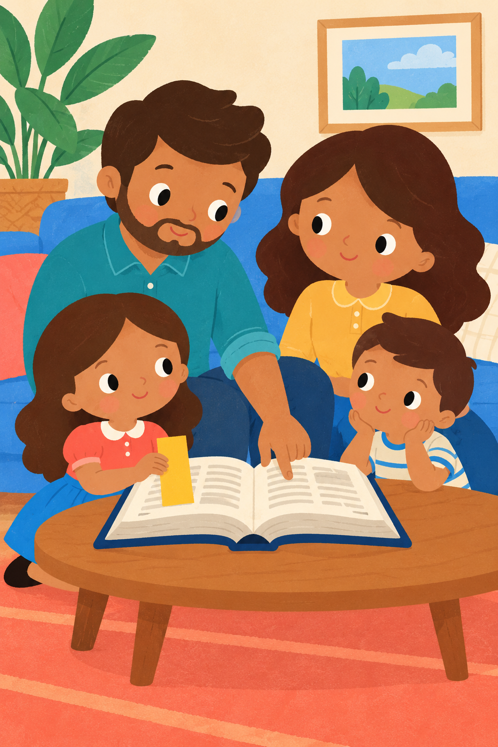 A father points to an open Bible as a young girl places a broad yellow bookmark beside the reading. Her mother and younger brother join them around a low table.