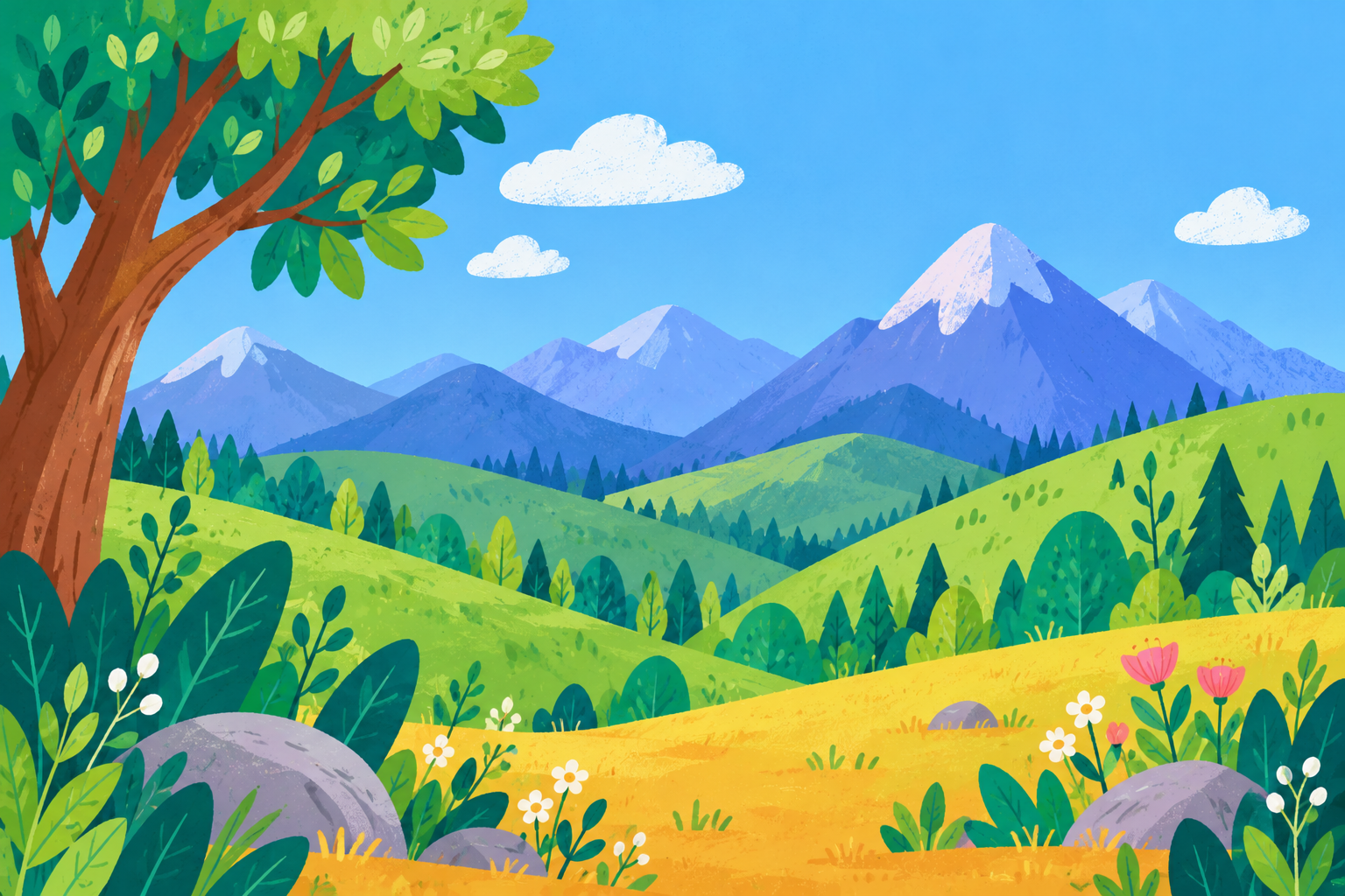 Layered mountains behind a leafy tree and a flower in the foreground.
