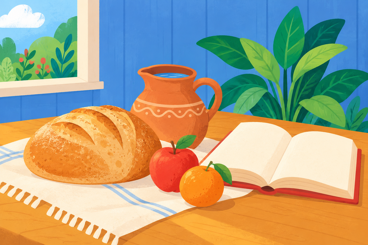 A loaf of bread, a water jug, fruit and an open book arranged on a table.