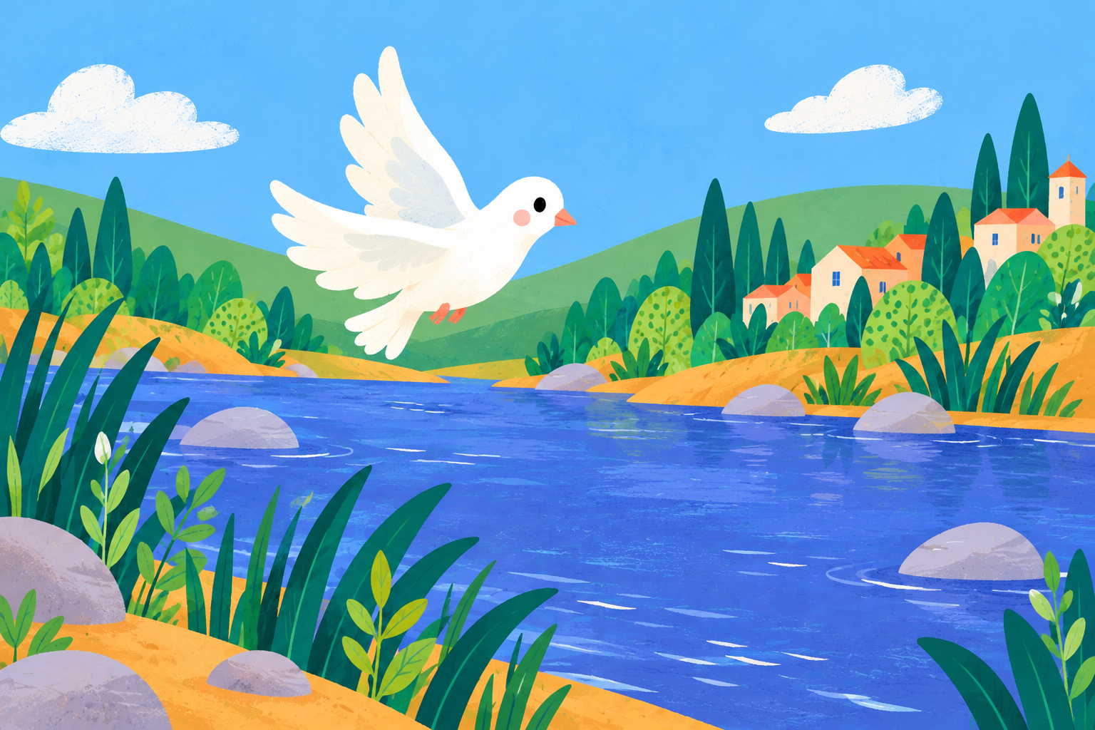 A white dove above a winding river, with reeds and riverbanks.